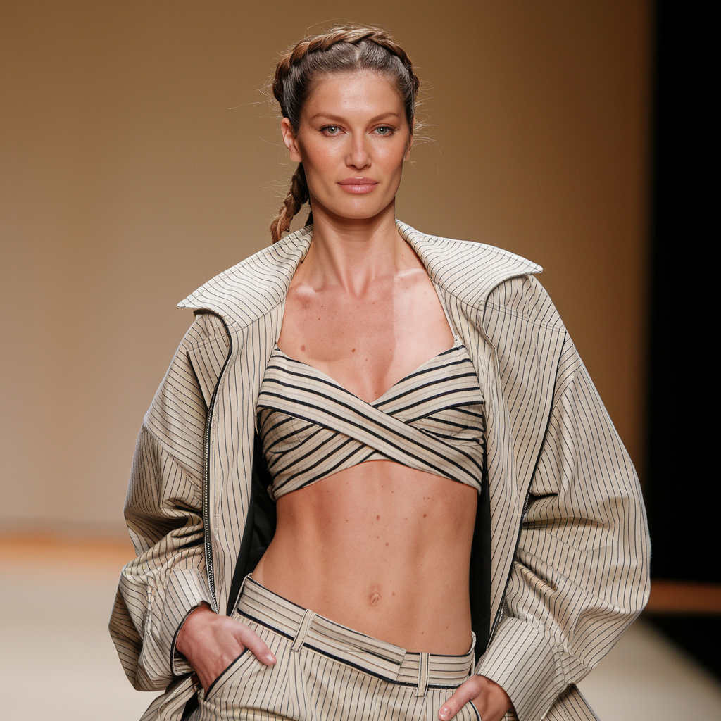 Gisele Bündchen on the runway, showcasing her iconic walk and timeless beauty.